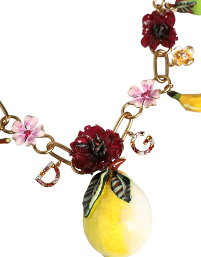Dolce &amp; Gabbana Halskette mit Fruchtanhängern und Blumen und Kristalllogo aus goldenem Messing