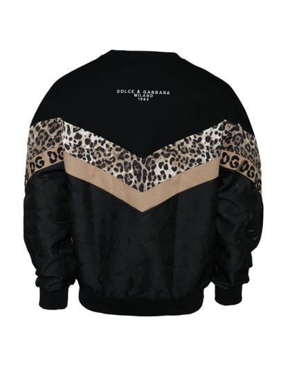 Dolce &amp; Gabbana – Schwarzer Sweatshirt-Pullover mit Rundhalsausschnitt und Leopardenmuster