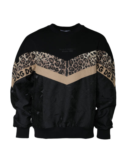 Dolce &amp; Gabbana – Schwarzer Sweatshirt-Pullover mit Rundhalsausschnitt und Leopardenmuster