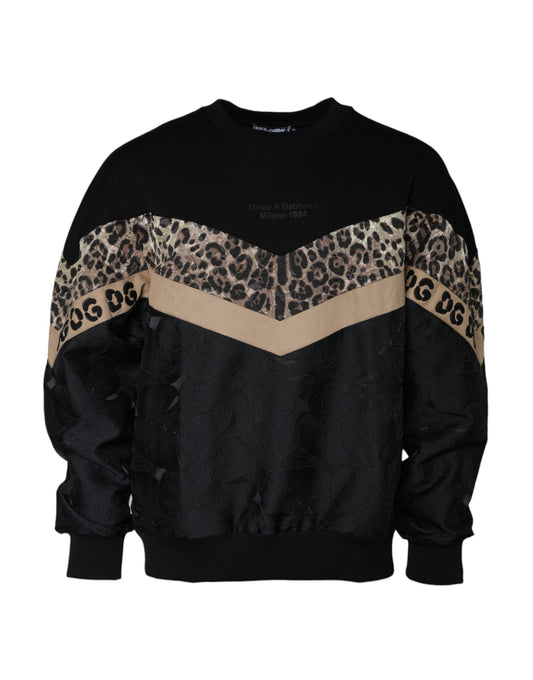 Dolce &amp; Gabbana – Schwarzer Sweatshirt-Pullover mit Rundhalsausschnitt und Leopardenmuster