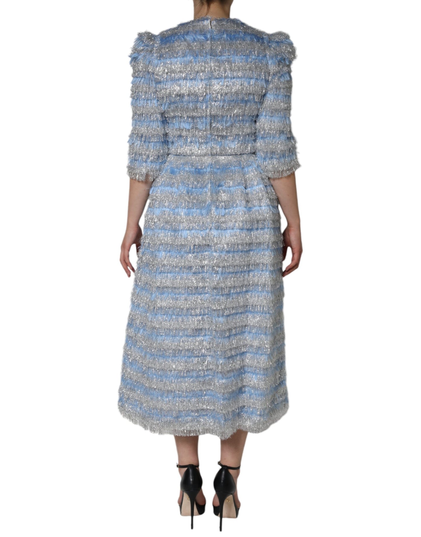 Dolce &amp; Gabbana Light Blue Silver Jacquard A-line Midi Dress
