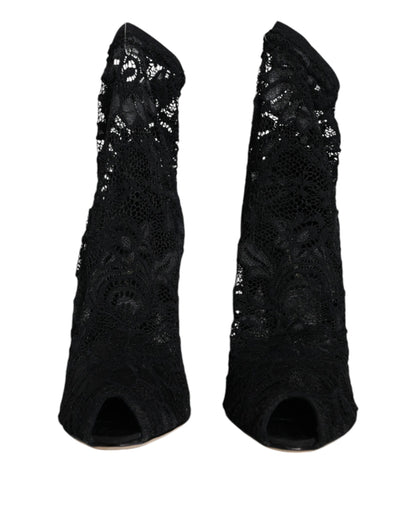 Dolce &amp; Gabbana – Wadenhohe Stiefel mit Stretch-Absatz und schwarzer Spitze
