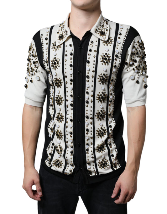 Dolce &amp; Gabbana – Weißes, schwarzes Seidenhemd mit Stein- und Kristallbesatz