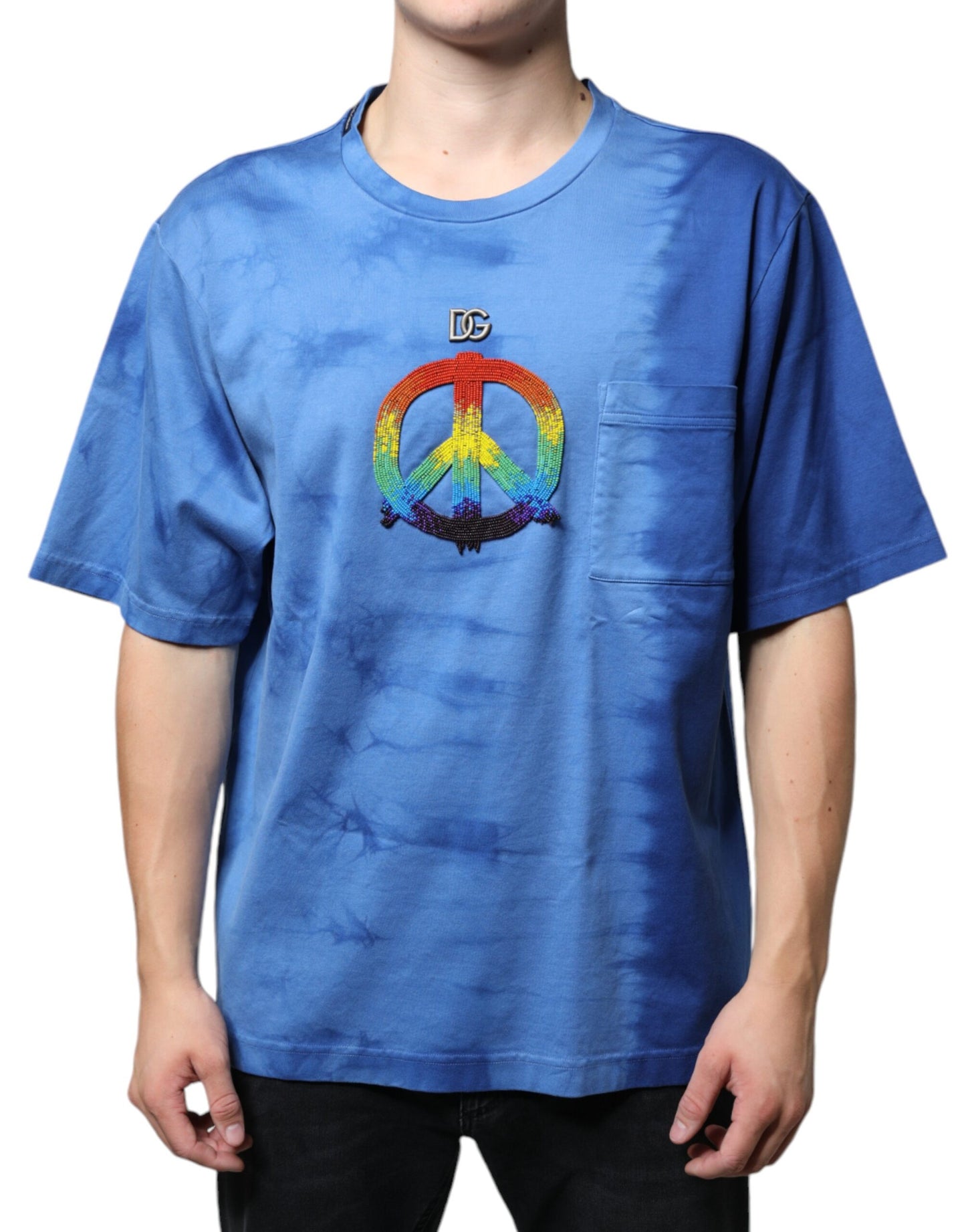 Dolce &amp; Gabbana Blue Tie-Dye Peace Sign Cotton T-shirt