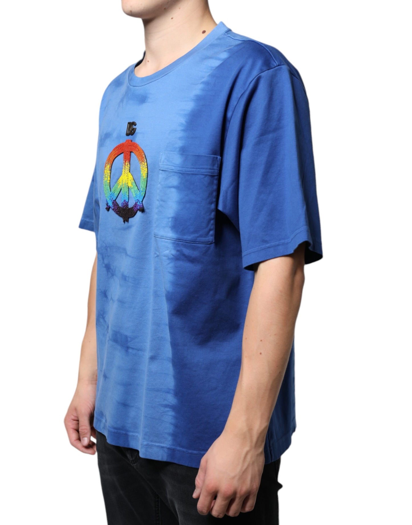 Dolce &amp; Gabbana Blue Tie-Dye Peace Sign Cotton T-shirt