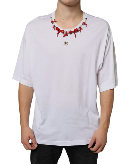 Dolce &amp; Gabbana White Cotton Necklace Embellished T-shirt