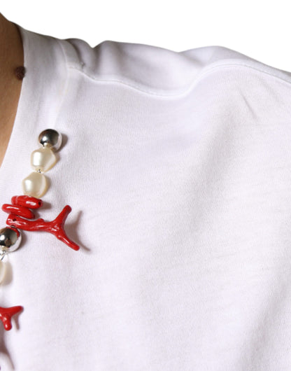 Dolce &amp; Gabbana White Cotton Necklace Embellished T-shirt