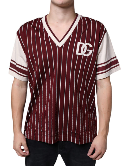 Dolce &amp; Gabbana Maroon Stripes Cotton Logo V-neck T-shirt