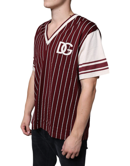 Dolce &amp; Gabbana Maroon Stripes Cotton Logo V-neck T-shirt