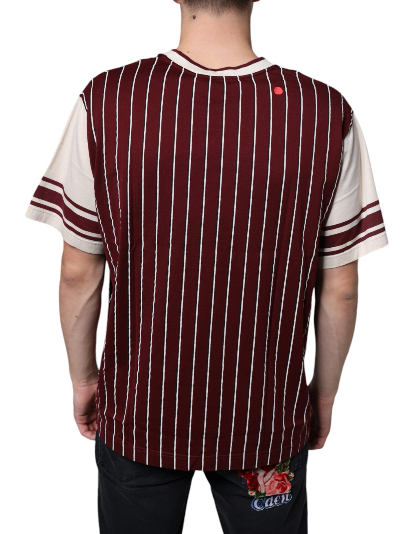 Dolce &amp; Gabbana Maroon Stripes Cotton Logo V-neck T-shirt