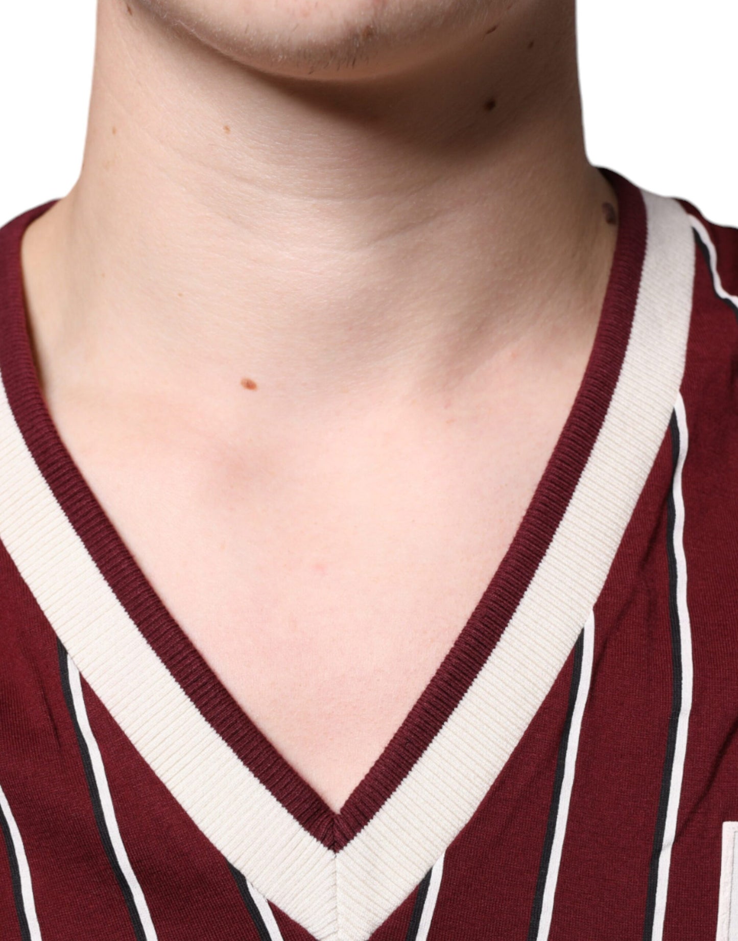 Dolce &amp; Gabbana Maroon Stripes Cotton Logo V-neck T-shirt