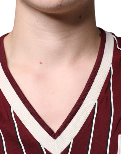 Dolce &amp; Gabbana Maroon Stripes Cotton Logo V-neck T-shirt