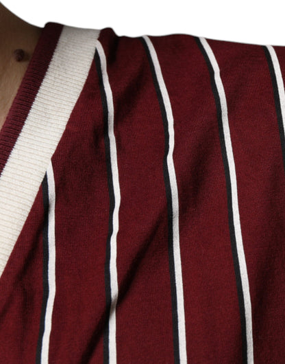 Dolce &amp; Gabbana Maroon Stripes Cotton Logo V-neck T-shirt