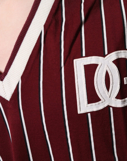 Dolce &amp; Gabbana Maroon Stripes Cotton Logo V-neck T-shirt