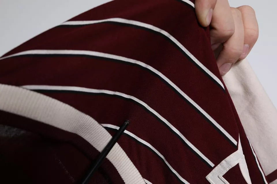 Dolce &amp; Gabbana Maroon Stripes Cotton Logo V-neck T-shirt