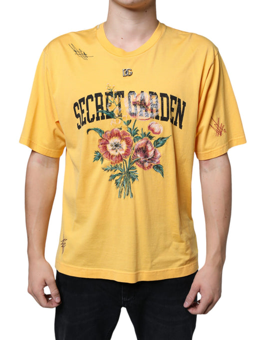 Dolce &amp; Gabbana Gelbes T-Shirt mit Rundhalsausschnitt aus Baumwolle mit Blumenmuster „Secret Graden“