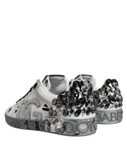 Dolce &amp; Gabbana – Portofino-Sneakers mit Kristall-Logo in Weiß und Silber
