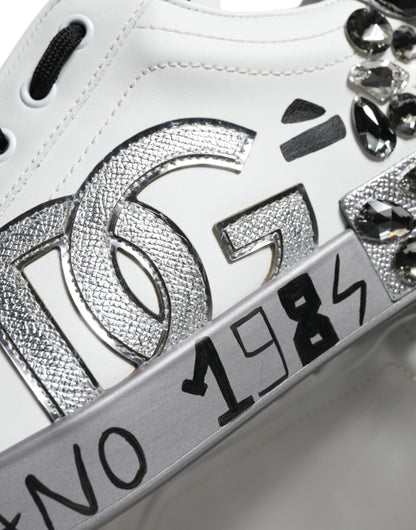 Dolce &amp; Gabbana – Portofino-Sneakers mit Kristall-Logo in Weiß und Silber