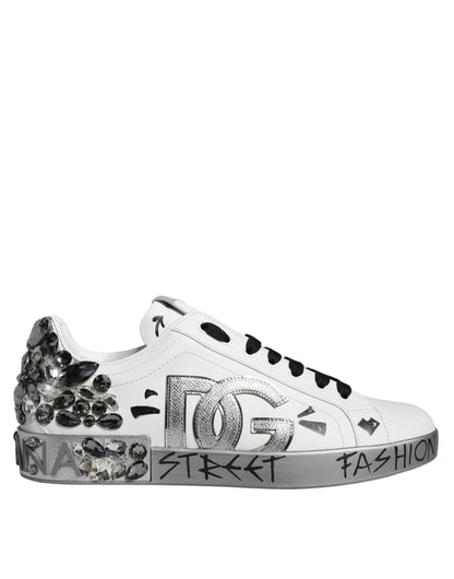 Dolce &amp; Gabbana – Portofino-Sneakers mit Kristall-Logo in Weiß und Silber
