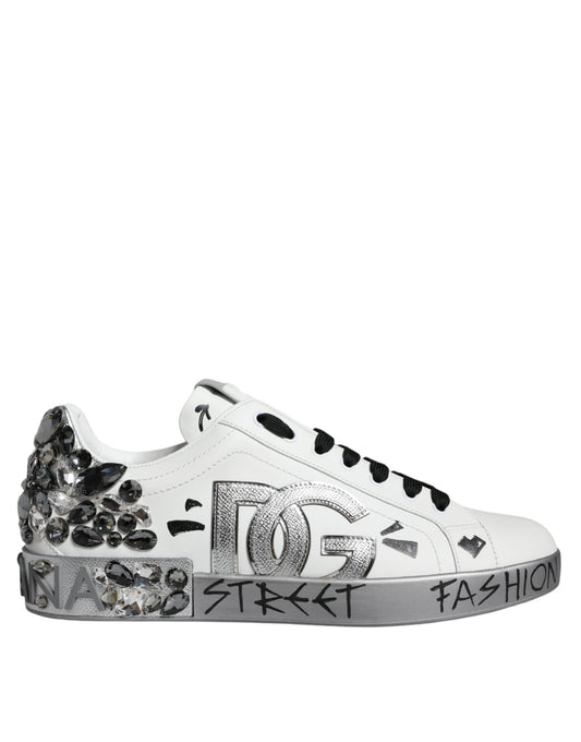 Dolce &amp; Gabbana – Portofino-Sneakers mit Kristall-Logo in Weiß und Silber