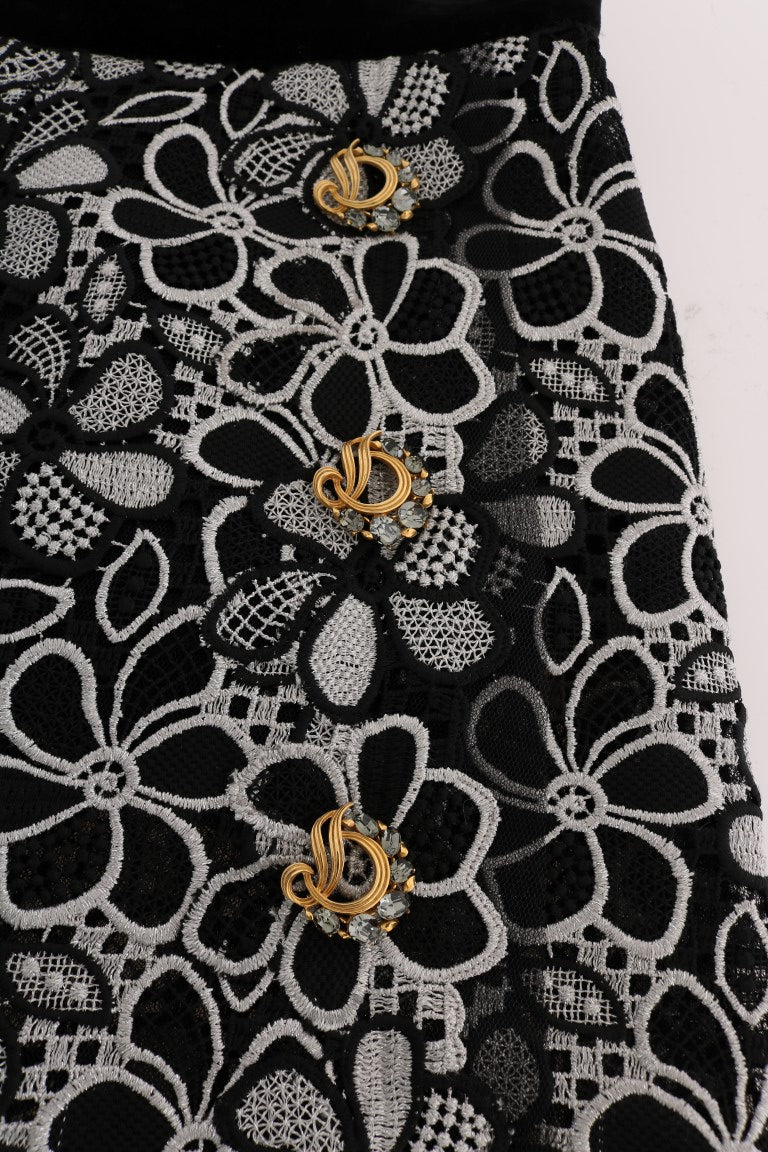 Dolce &amp; Gabbana – Rock aus geblümter Makramee-Spitze mit Kristallknöpfen