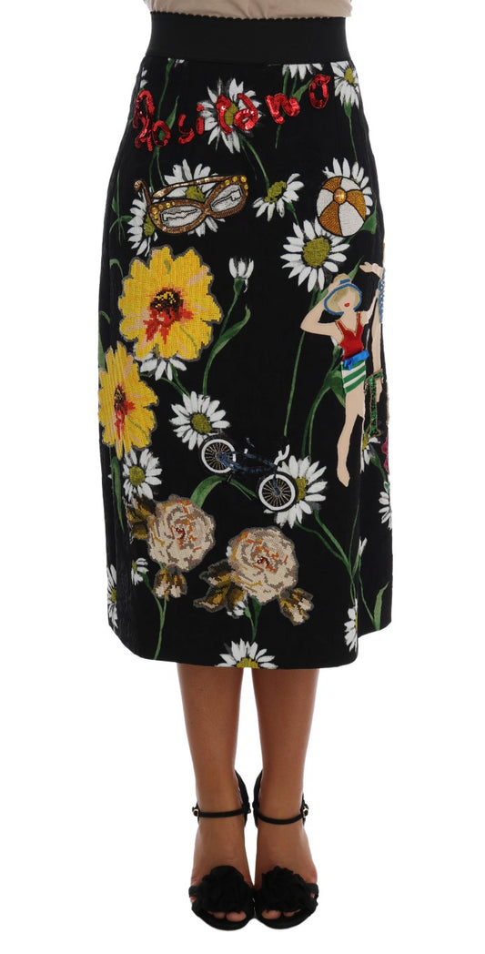Dolce &amp; Gabbana – Schwarzer, verzierter Brokatrock mit Gänseblümchenmuster