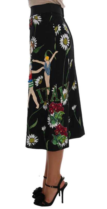 Dolce &amp; Gabbana – Schwarzer, verzierter Brokatrock mit Gänseblümchenmuster