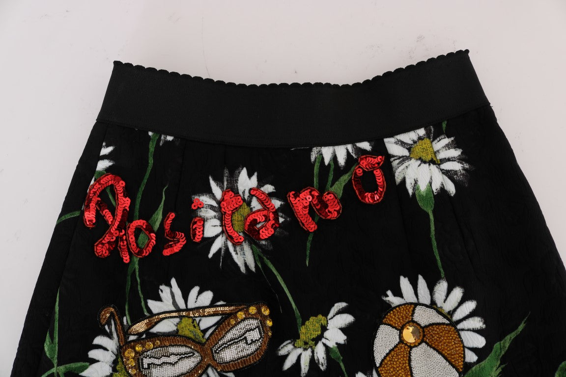 Dolce &amp; Gabbana – Schwarzer, verzierter Brokatrock mit Gänseblümchenmuster