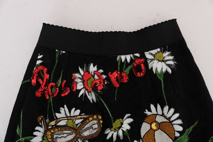 Dolce &amp; Gabbana – Schwarzer, verzierter Brokatrock mit Gänseblümchenmuster