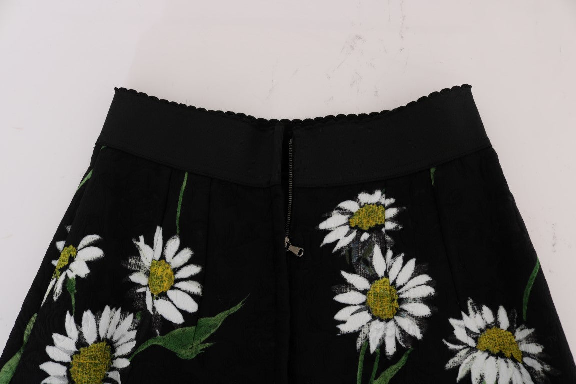 Dolce &amp; Gabbana – Schwarzer, verzierter Brokatrock mit Gänseblümchenmuster