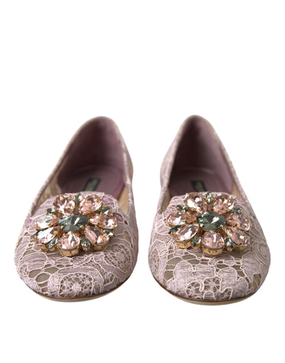 Dolce &amp; Gabbana Rosa Spitze Kristall Ballerinas Loafer Schuhe