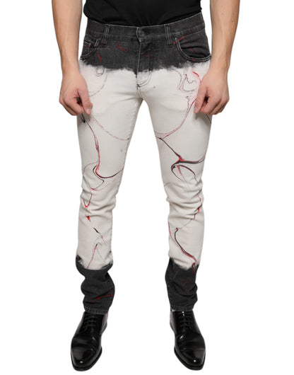 Dolce &amp; Gabbana Black White Printed Skinny Men Denim Jeans