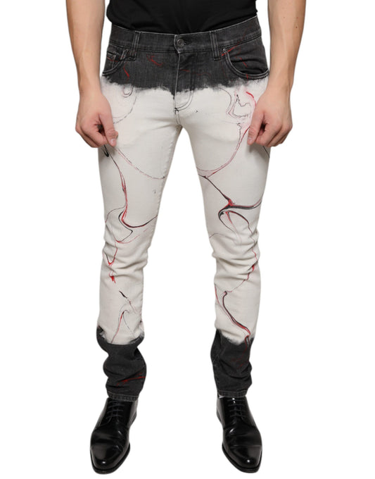 Dolce &amp; Gabbana Black White Printed Skinny Men Denim Jeans