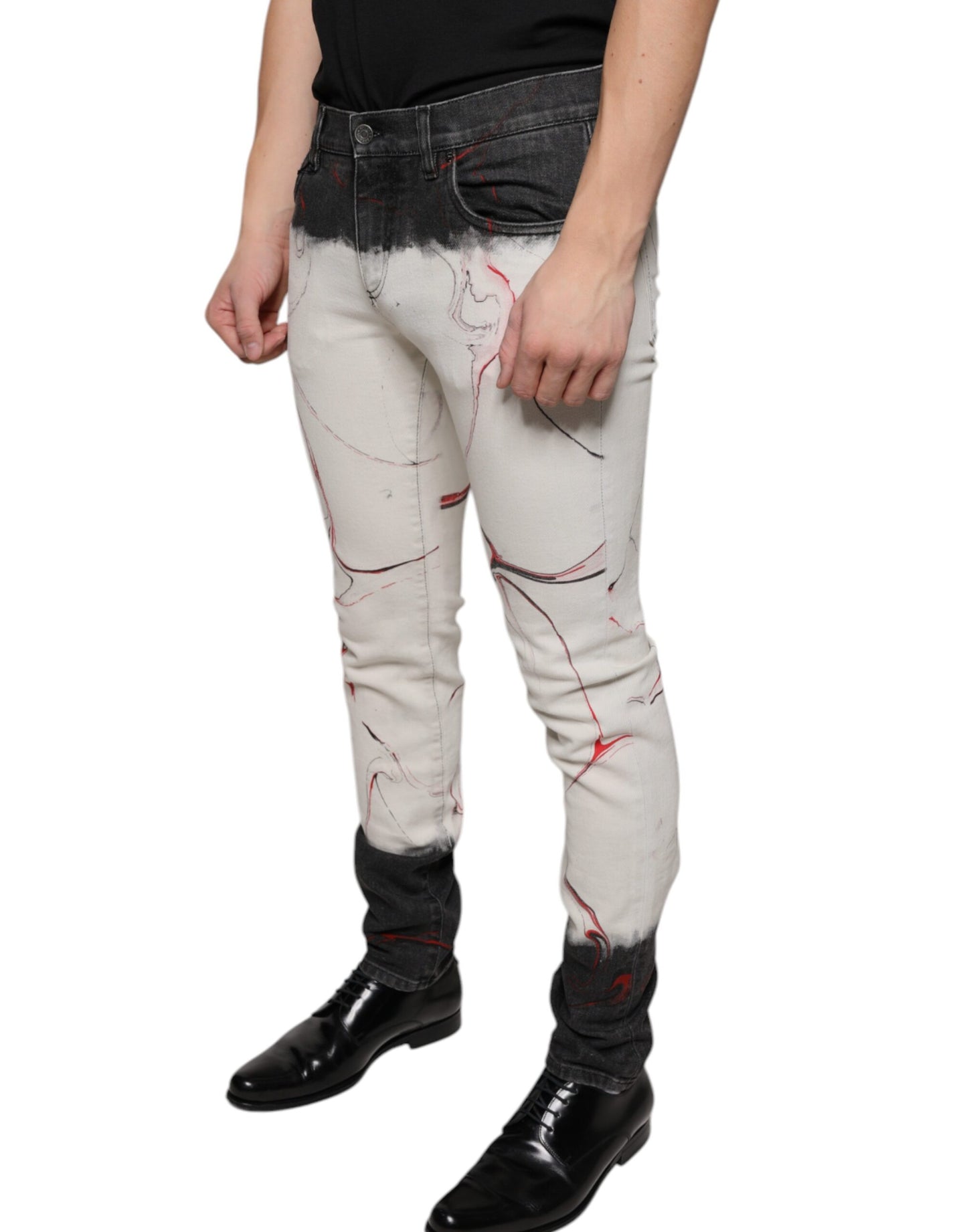 Dolce &amp; Gabbana Black White Printed Skinny Men Denim Jeans