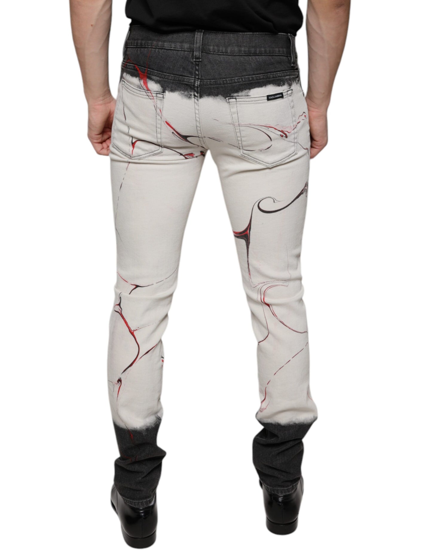 Dolce &amp; Gabbana Black White Printed Skinny Men Denim Jeans