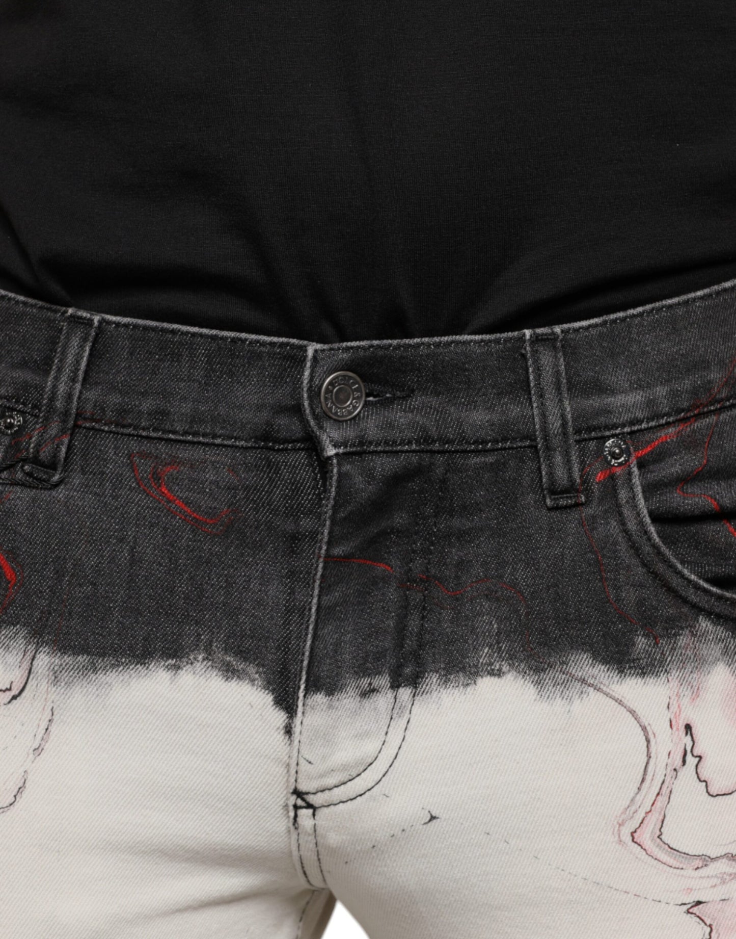 Dolce &amp; Gabbana Black White Printed Skinny Men Denim Jeans
