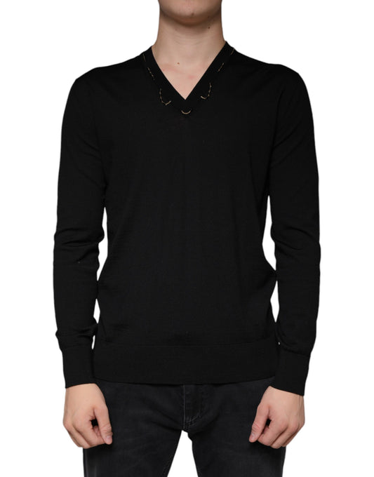 Dolce &amp; Gabbana Black Embellished V-neck Pullover Sweater