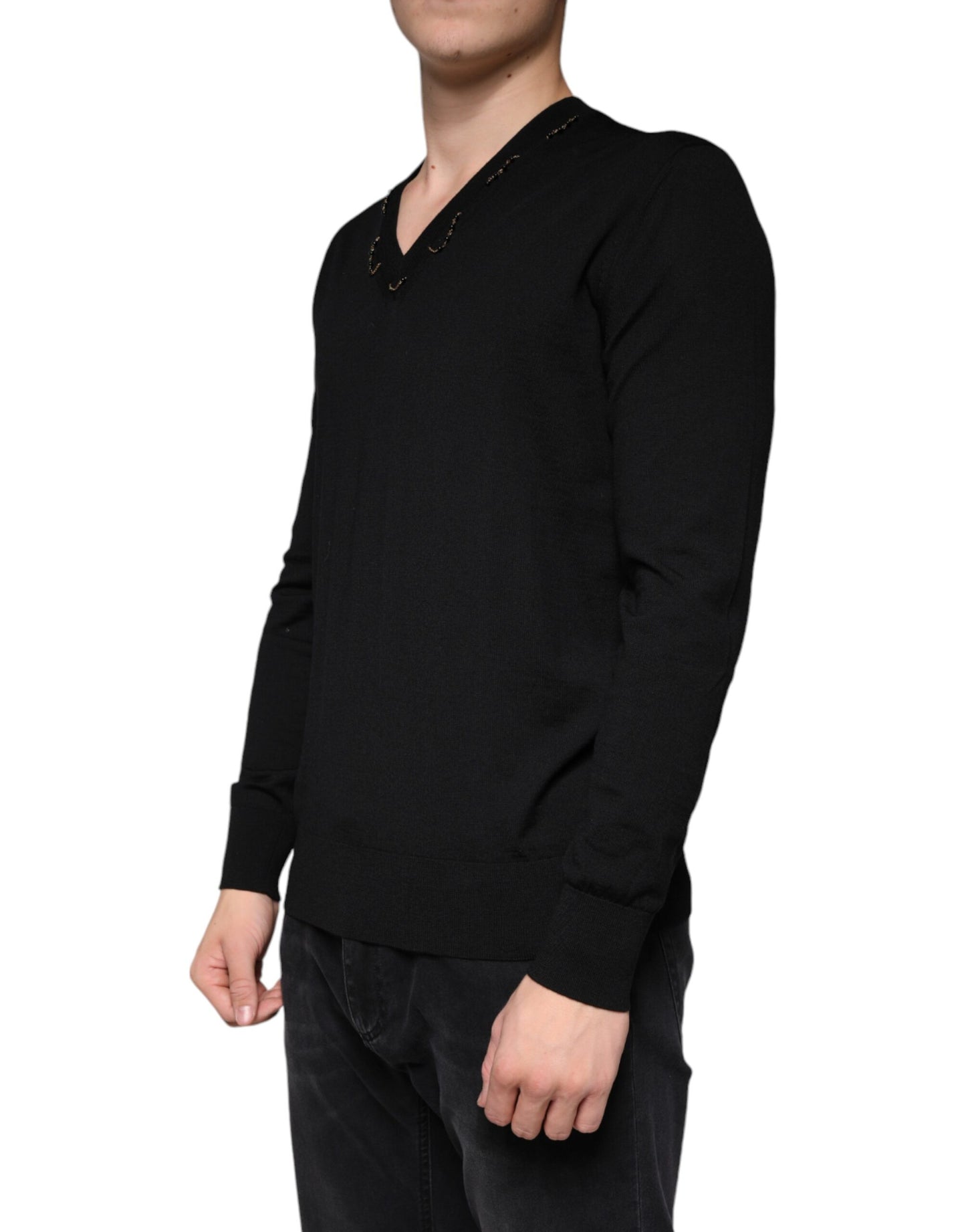 Dolce &amp; Gabbana Black Embellished V-neck Pullover Sweater
