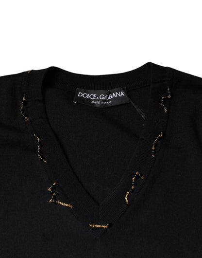 Dolce &amp; Gabbana Black Embellished V-neck Pullover Sweater