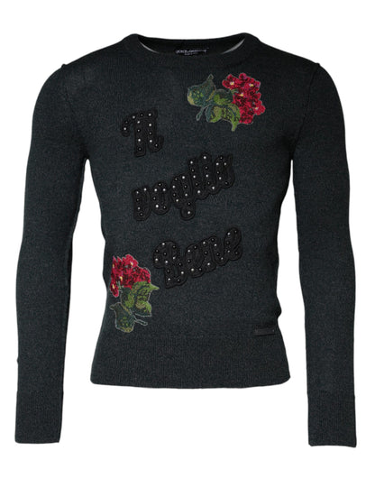 Dolce &amp; Gabbana Gray Embellished Crew Neck Pullover Sweater