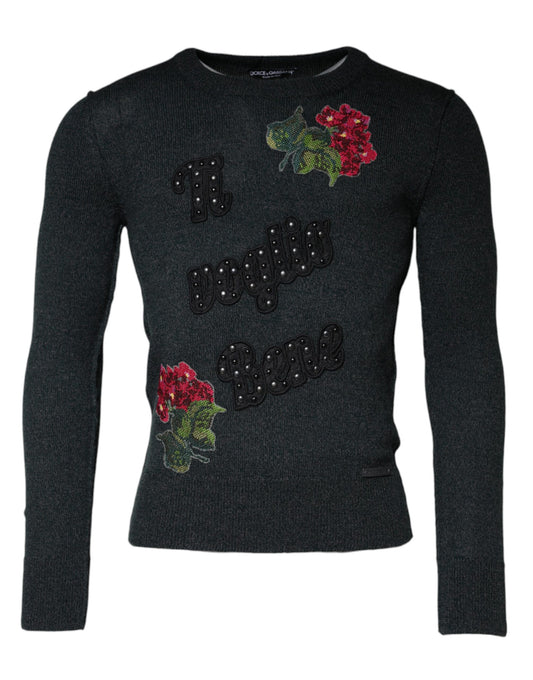 Dolce &amp; Gabbana Gray Embellished Crew Neck Pullover Sweater