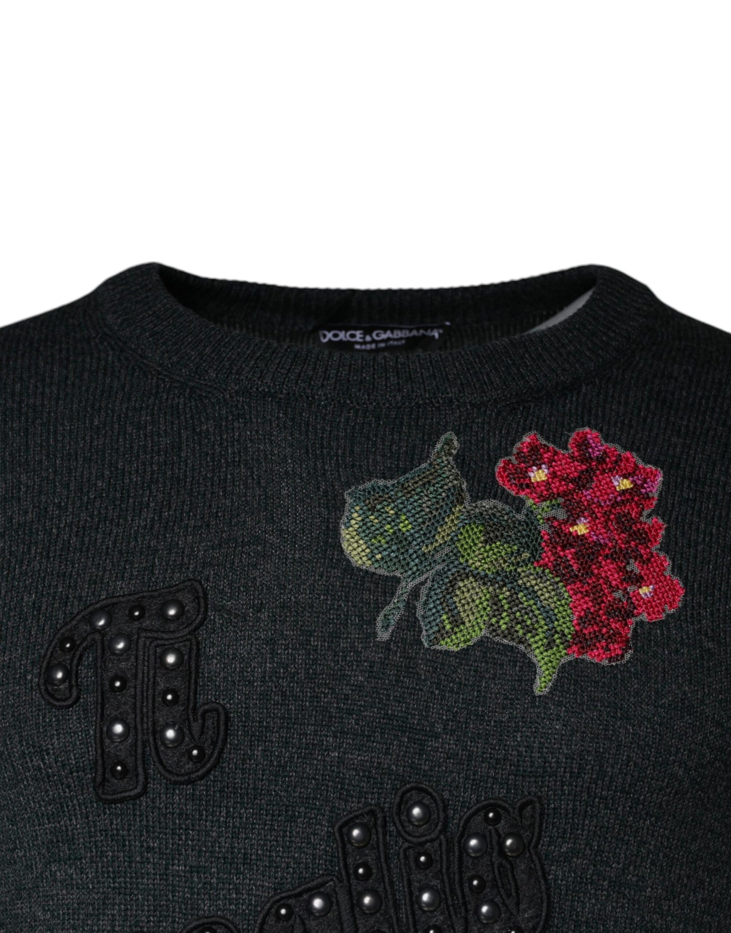 Dolce &amp; Gabbana Gray Embellished Crew Neck Pullover Sweater