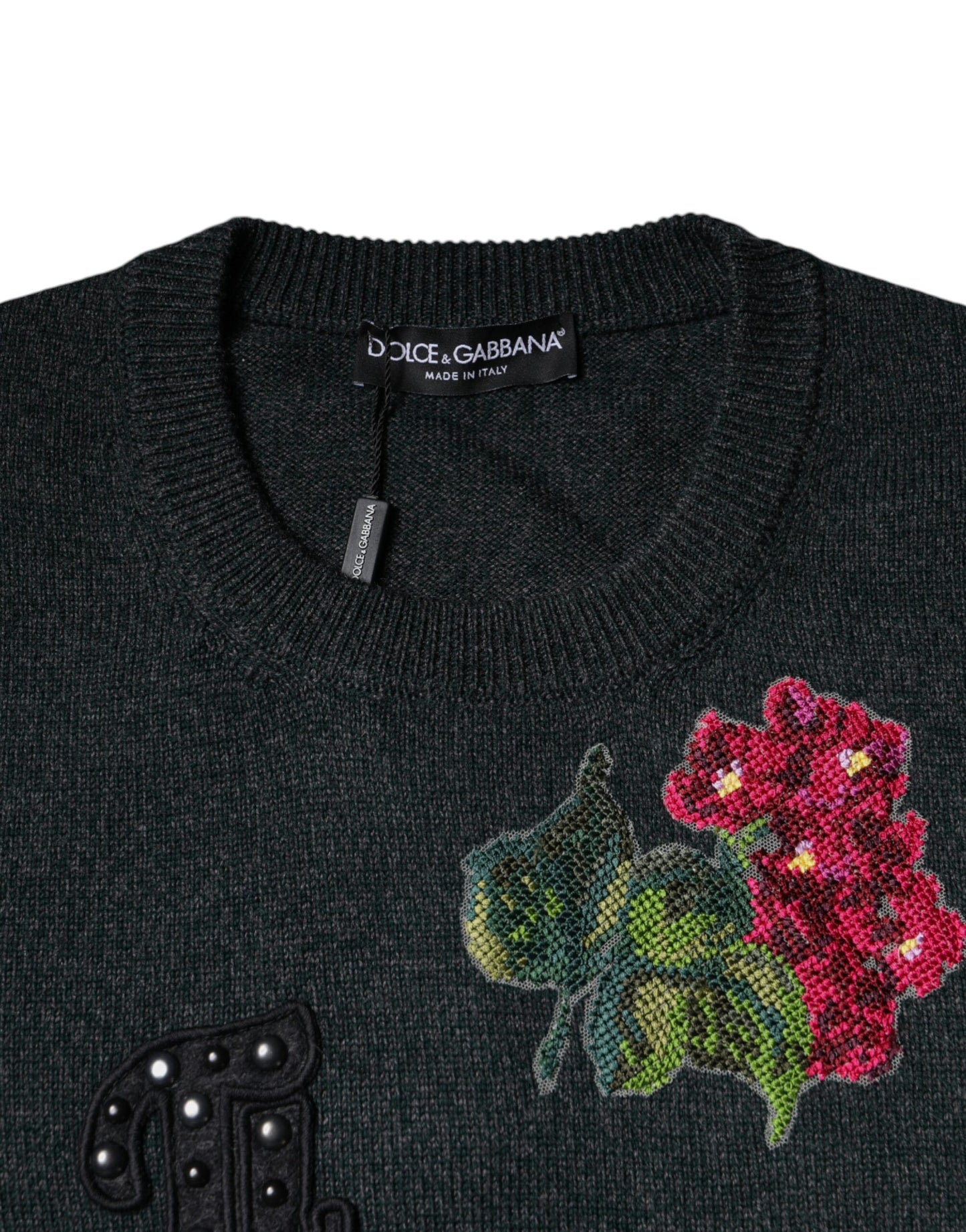 Dolce &amp; Gabbana Gray Embellished Crew Neck Pullover Sweater