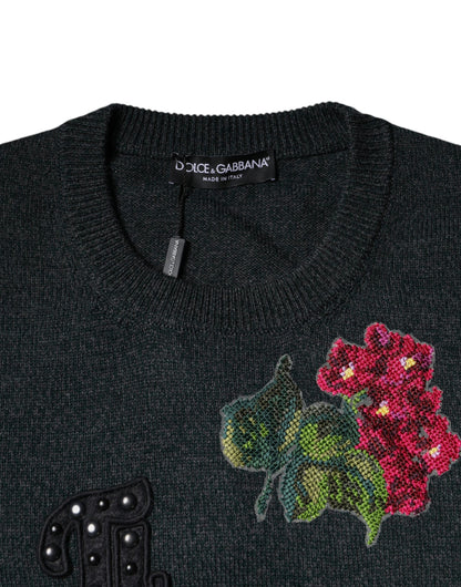 Dolce &amp; Gabbana Gray Embellished Crew Neck Pullover Sweater