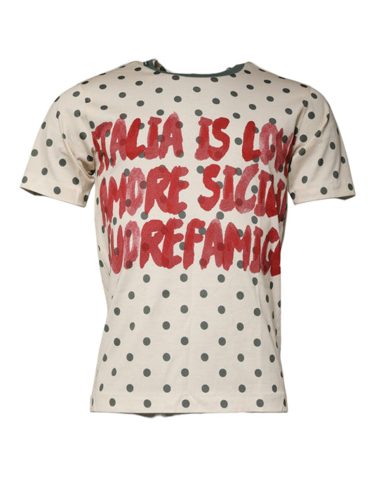 Dolce &amp; Gabbana Beiges Baumwoll-T-Shirt mit grafischem Print und Punkten