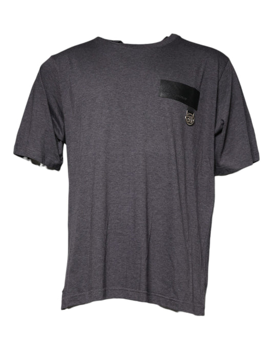 Dolce &amp; Gabbana – Graues T-Shirt aus Baumwolle mit Rundhalsausschnitt und Logo-Patch