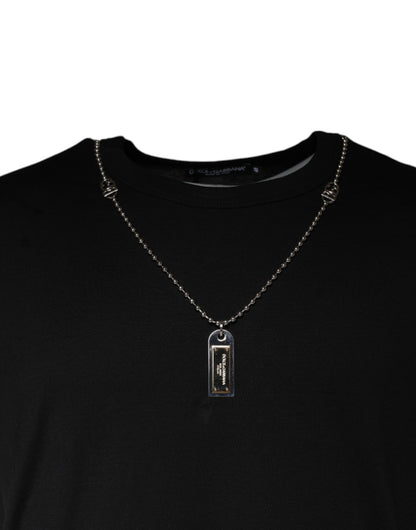 Dolce &amp; Gabbana Schwarzes Baumwoll-T-Shirt mit Halskettenverzierung