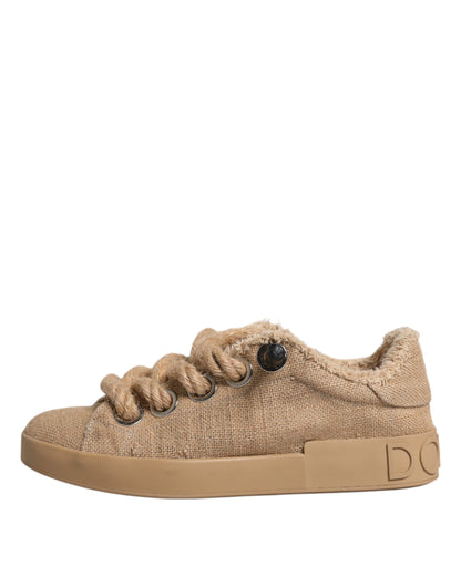 Dolce &amp; Gabbana Braun Jute Stoff Low Top Herren Sneakers Schuhe