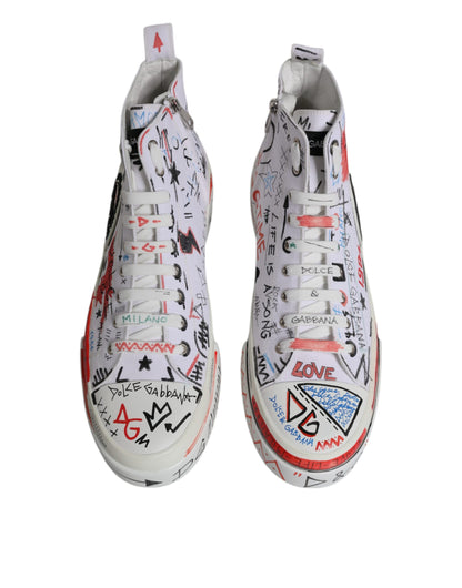 Dolce &amp; Gabbana – Weiße High-Top-Sneaker aus Baumwolle mit Graffiti-Motiv