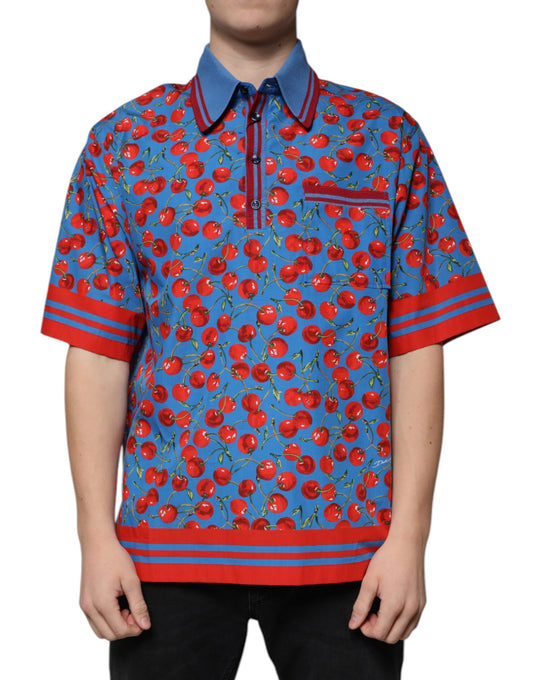 Dolce &amp; Gabbana Blue Cherry Cotton Collared Men Polo T-shirt